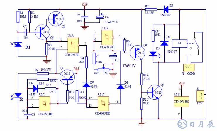 紅外接近開關(guān)電路 本例紅外接近開關(guān)電路是通過檢測發(fā)射的紅外線信號是否被發(fā)射來判斷前方是否有物體，從而控制繼電器的開關(guān)動作來控制其它電路（本例省略）。.png
